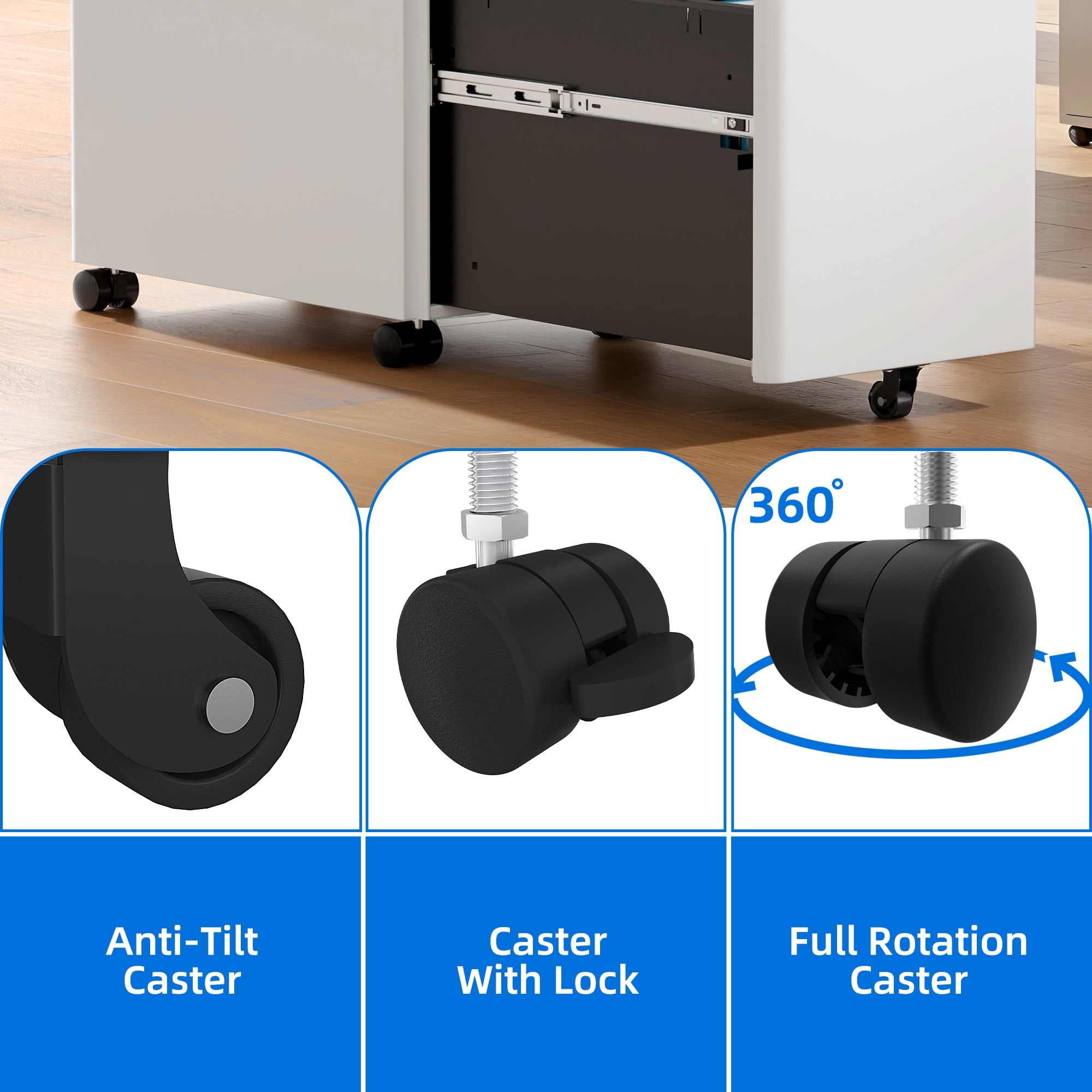 Dextrus 3-Drawer Lockable File Cabinet for A4/Letter/Legal Size Folder, Home Office, Assembled Except Casters (White)