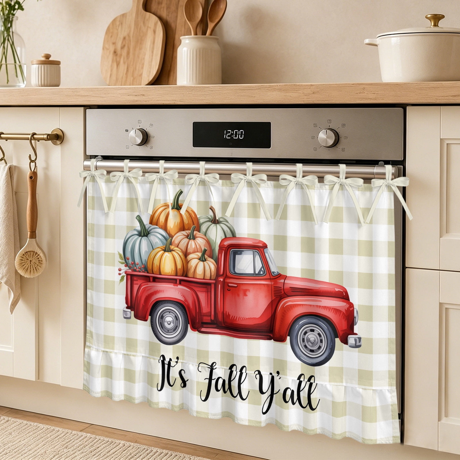 It s Fall Oven Skirt Curtain Y all Thanksgiving Truck Pumpkin Harvest Buffalo Plaid Tie Top Tier Curtains Stove Dishwasher Skirt Small Window Drapes for Kitchen Bathroom Cafe 30 x21.5