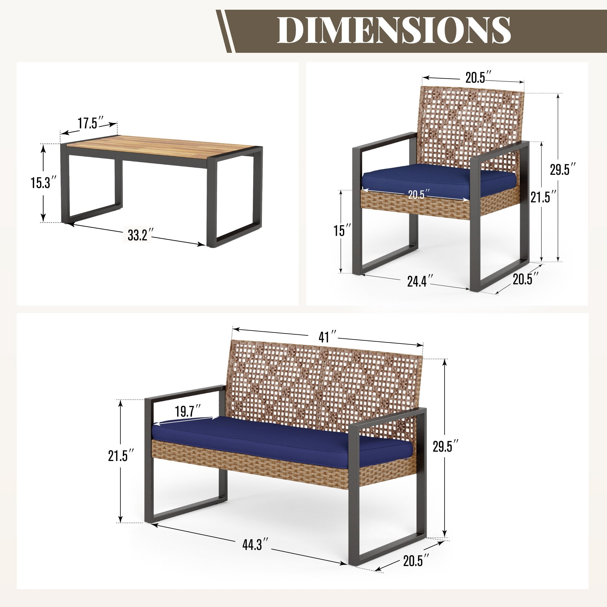 MF Studio 4-Piece All-Weather Rattan Patio Furniture Set, Outdoor Conversation Set with Wood Table, Brown and Navy Blue