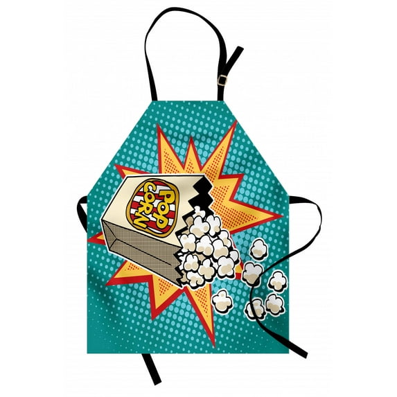 Movie Theater Apron Halftone Background with Retro Style Colorful Popcorn Design Cinema Snacks, Unisex Kitchen Bib Apron with Adjustable Neck for Cooking Baking Gardening, Multicolor, by Ambesonne