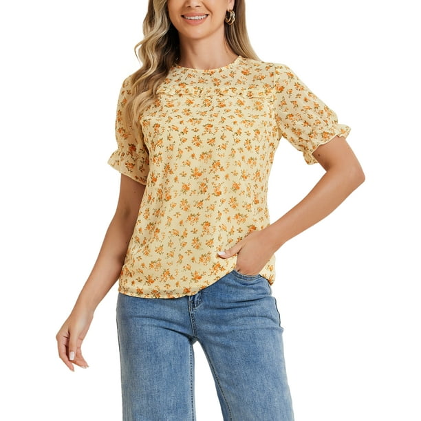 INSPIRAR CHIC Blusas de Chifón para Mujeres con Mangas Cortas, Con Volantes, Estampado Floral, para Trabajo y Oficina, Color Naranja y Blanco