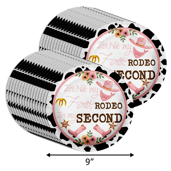 Birthday Galore Second Rodeo Cow Print 9" Paper Plates, Disposable, 32 Count for 2nd Birthday Party