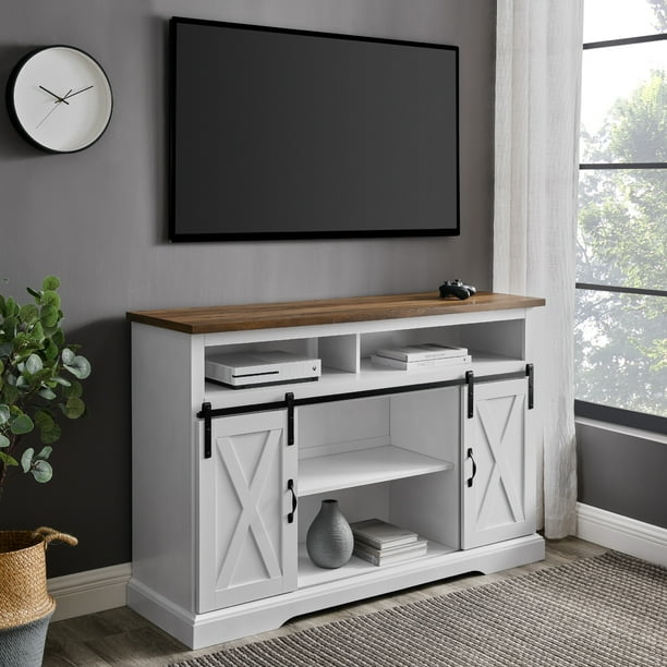Woven Paths Farmhouse Barn Door TV Stand for TVs up to 58", White