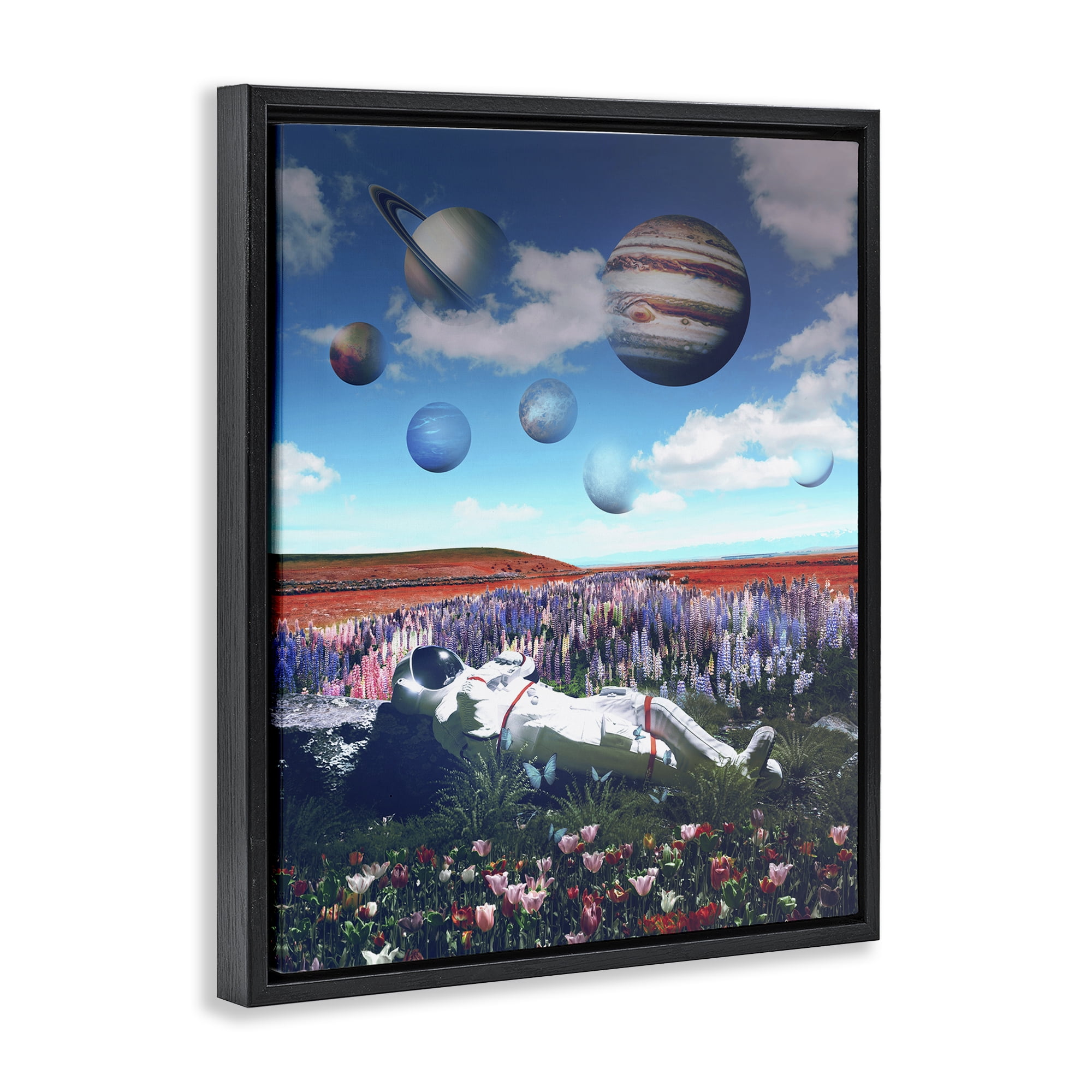 Stupell Industries Astronaut & Overhead Planets Astrology & Stars Painting Black Floater Framed Canvas Art Print Wall Art, 17 x 21