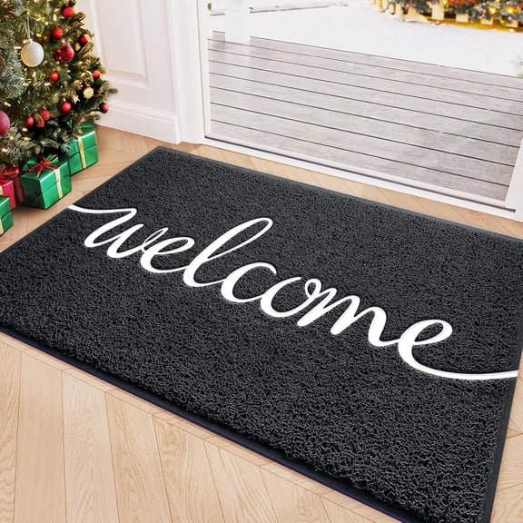 Black Door Mat Welcome Mats Outdoor Indoor Non-Slip Doormat for Entryway Low-Profile Floor Mat for Yard, Garage, High Traffic Areas (30"x17.5", Black)