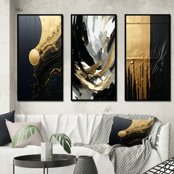 Designart "Essential Nature Gold and Black Abstract II" Abstract Painting Framed Wall Art Set Of 3 - Gold Modern Frame Gallery Wall Set For Home Decor