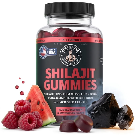 Coach Soak Shilajit Gummies 6-in-1: Tasty Raspberry Watermelon Flavor with Ashwagandha, Lion’s Mane, Irish Sea Moss, Beet Root & Black Seed Oil - Lab Tested Pure Shilajit for Men and Women | 60 ct