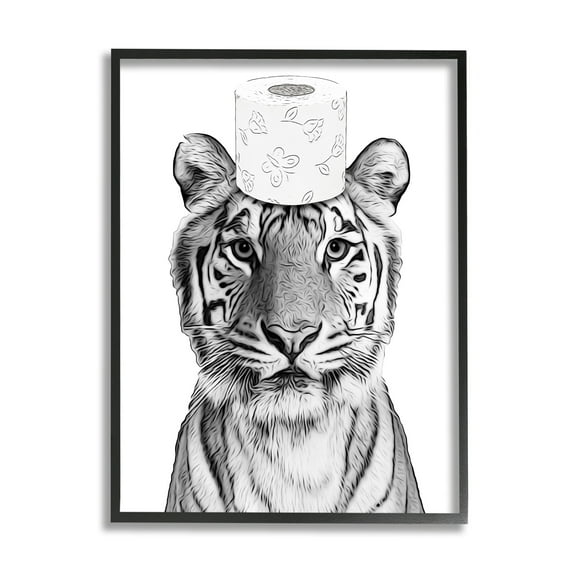 Stupell Industries Tiger Toilet Paper Bathroom Animals & Insects Painting Black Framed Art Print Wall Art