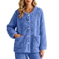 thumbnail image 3 of Women's Sleepwear Cardigan, Fleece Long Sleeve Button Front Jacket with Pockets, Warm Lounge Sleep Top, Cozy Home Indoor Wear | VerBelle,Blue L, 3 of 9