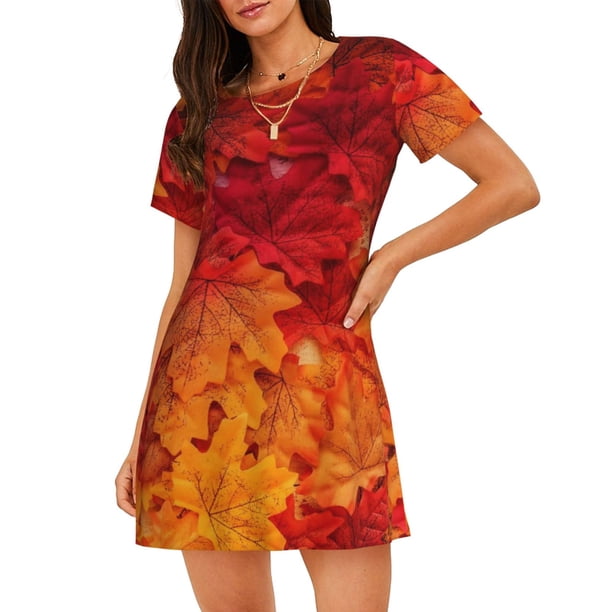 Easygdp Autumn Leaf Camisón de manga corta para mujer, informal, estampado