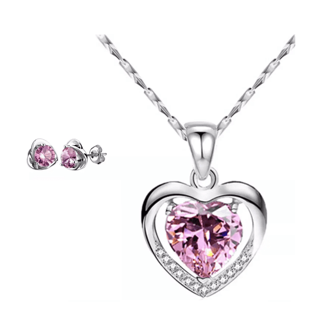 Collar Y Aretes Dije Corazón Cristal Mujer,regalo Para Mujer Malubero Rosa