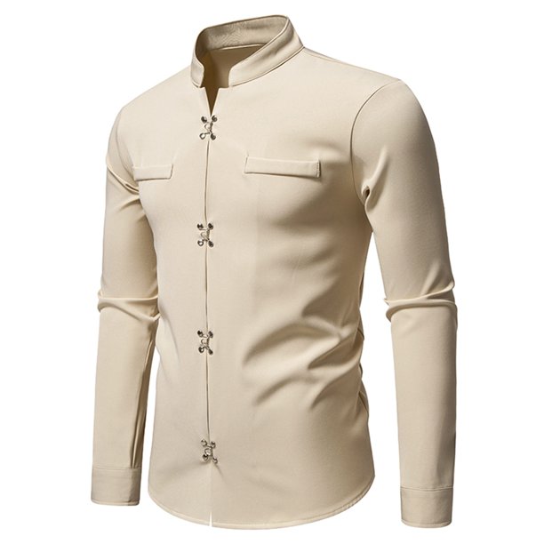 Blusa y camisa de manga larga con cuello vuelto para hombre, informal, a la moda, con botones sólidos, de poliéster, de manga larga y cuello vuelto.