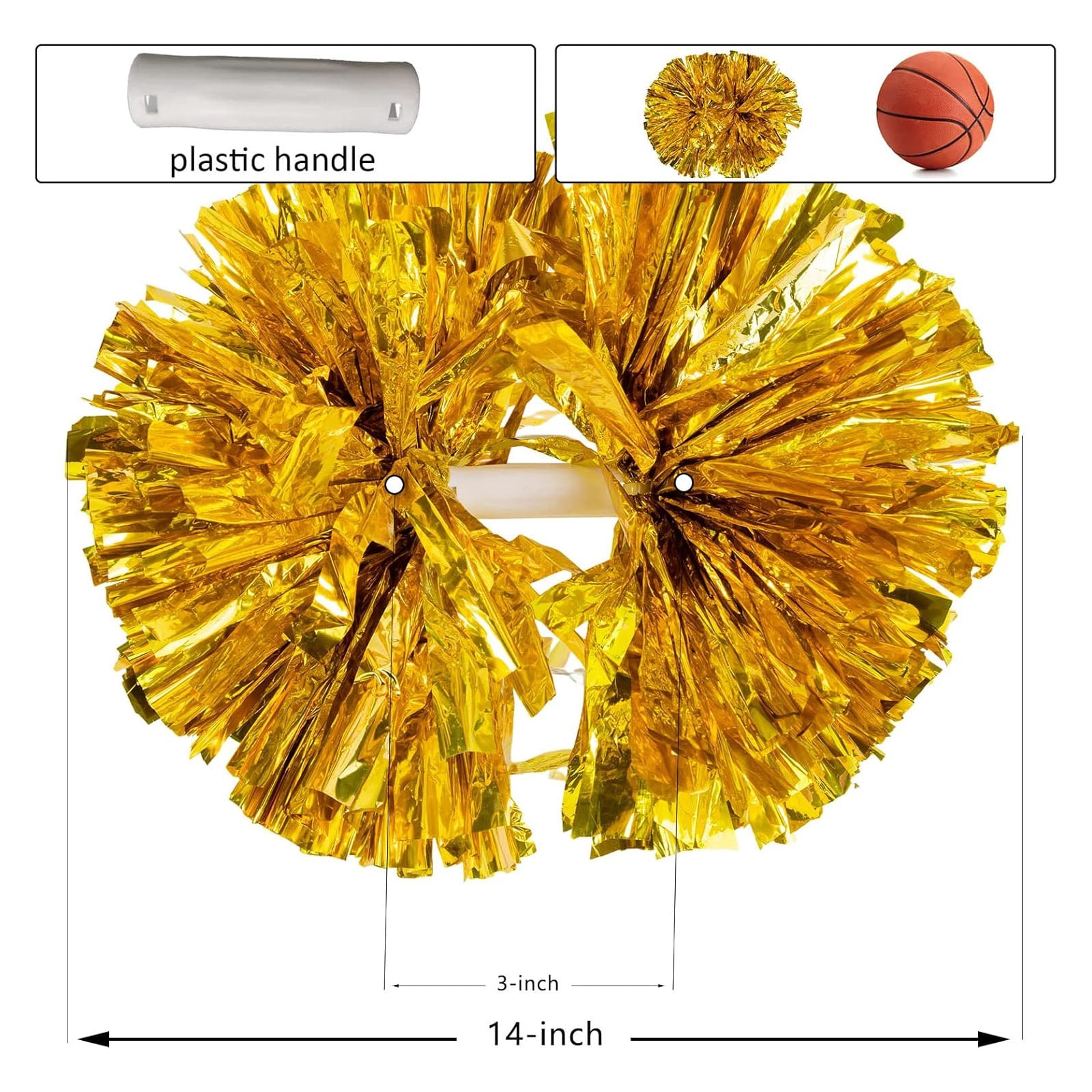 14 Inch Large  Cheerleading Pom Poms, Metallic Shiny Double Head Cheer Pom Poms with Comfort Grip Handle for Sports Party Festival（2 pcs)