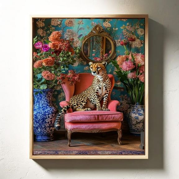 Elegant Cheetah In Vintage Floral Room - Luxurious Wildlife And Interior Art For Unique Home Décor Wall Art, Modern Wall Decor, 8x12 UNFRAMED