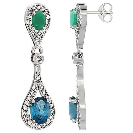 Oval Cabochon Accent - 14K White Gold Natural London Blue Topaz & Cabochon Emerald Oval Dangling Earrings White Sapphire & Diamond Accents, 1 3/8 inches long