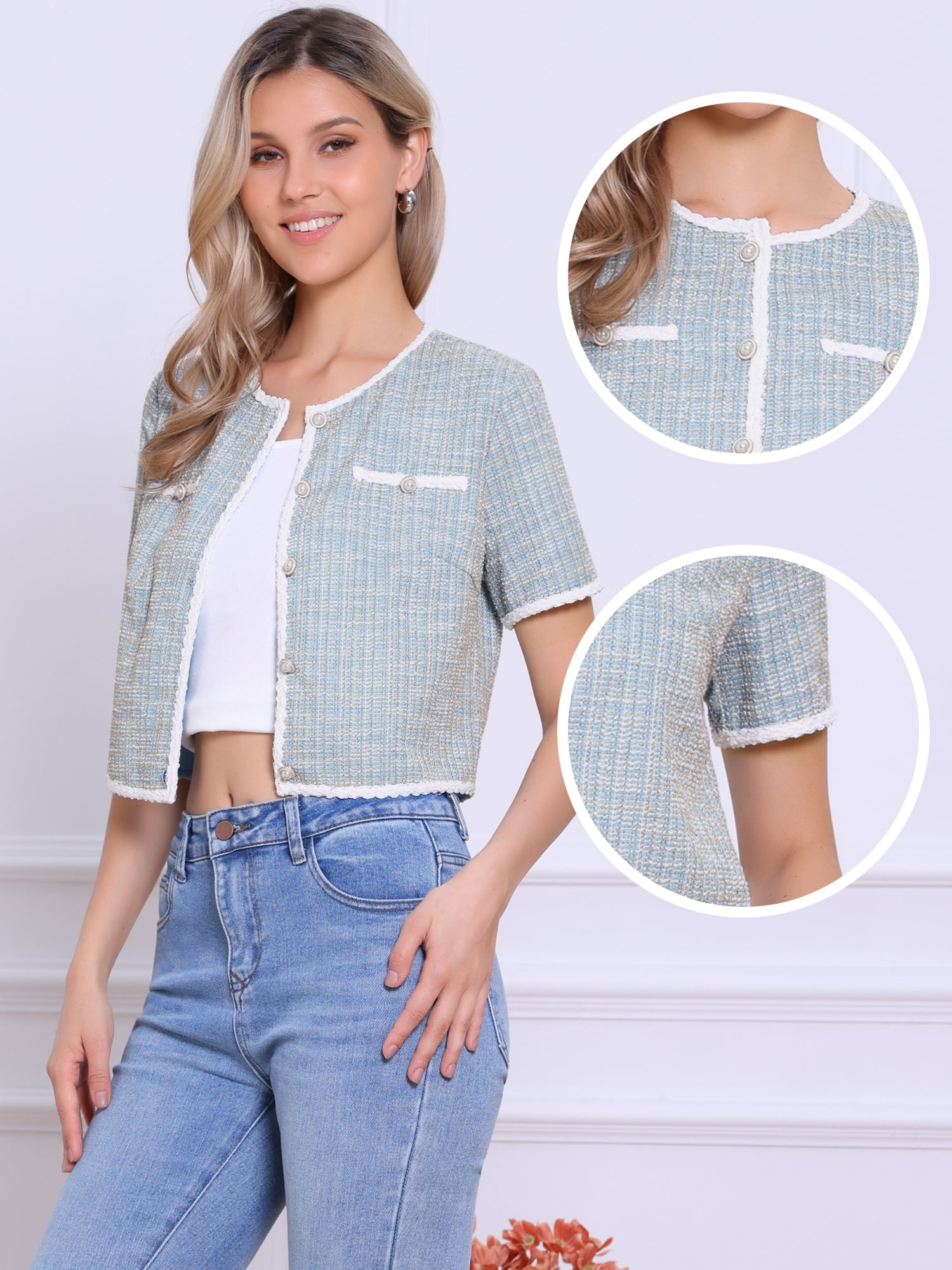 DARING DIVA Women's Short Sleeve Tweed Jacket Crew Neck Button Front Cropped Cardigan M Blue