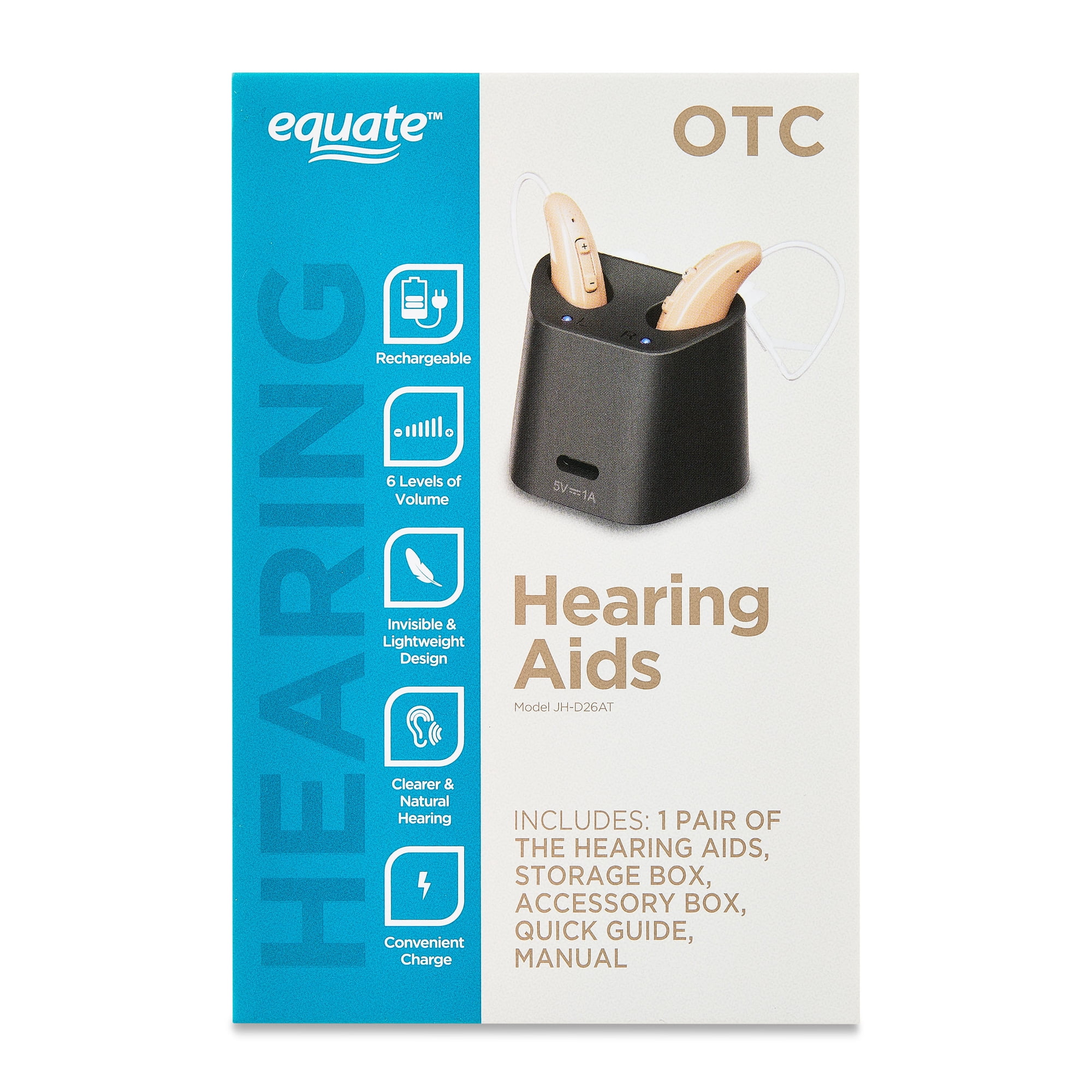 Equate Rechargeable Over-the-Counter Hearing Aids, Noise Reduction, Behind the Ear, 1 Pair
