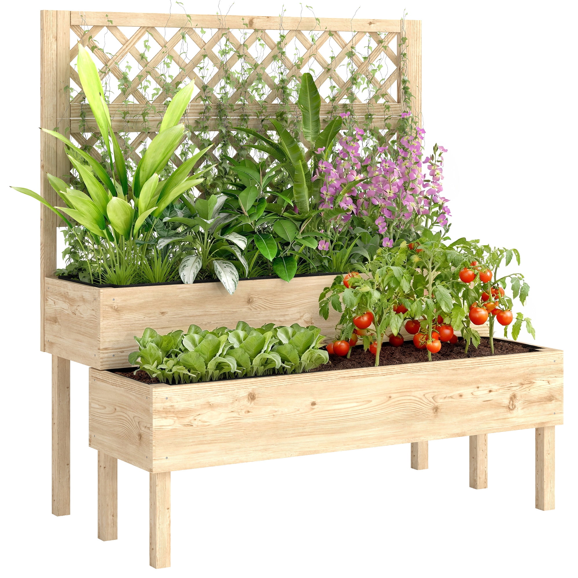 Outsunny 2-Tier Raised Garden Bed with Trellis, Elevated Planter Box for Climbing Plants, Natural