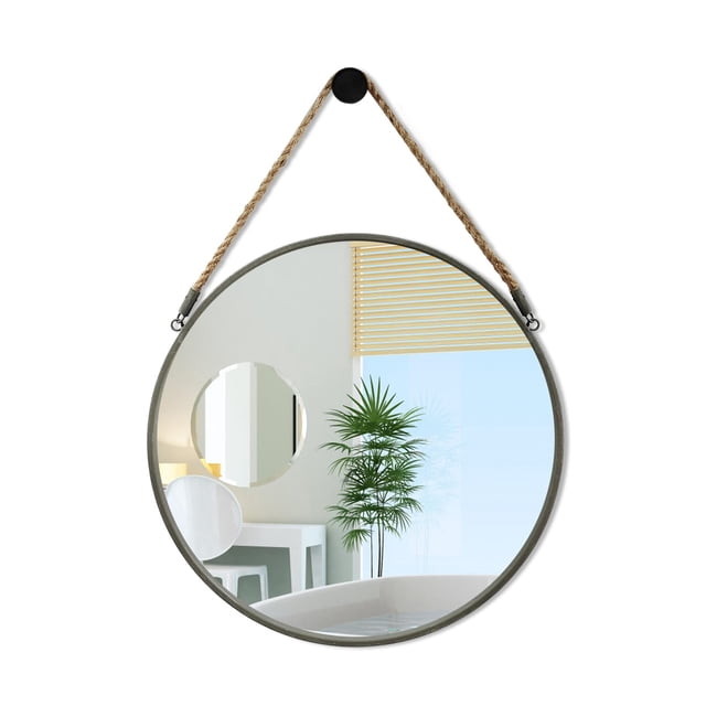Espejo de pared POZINO redondo de 38 cm para colgar en forma de cuerda, gris