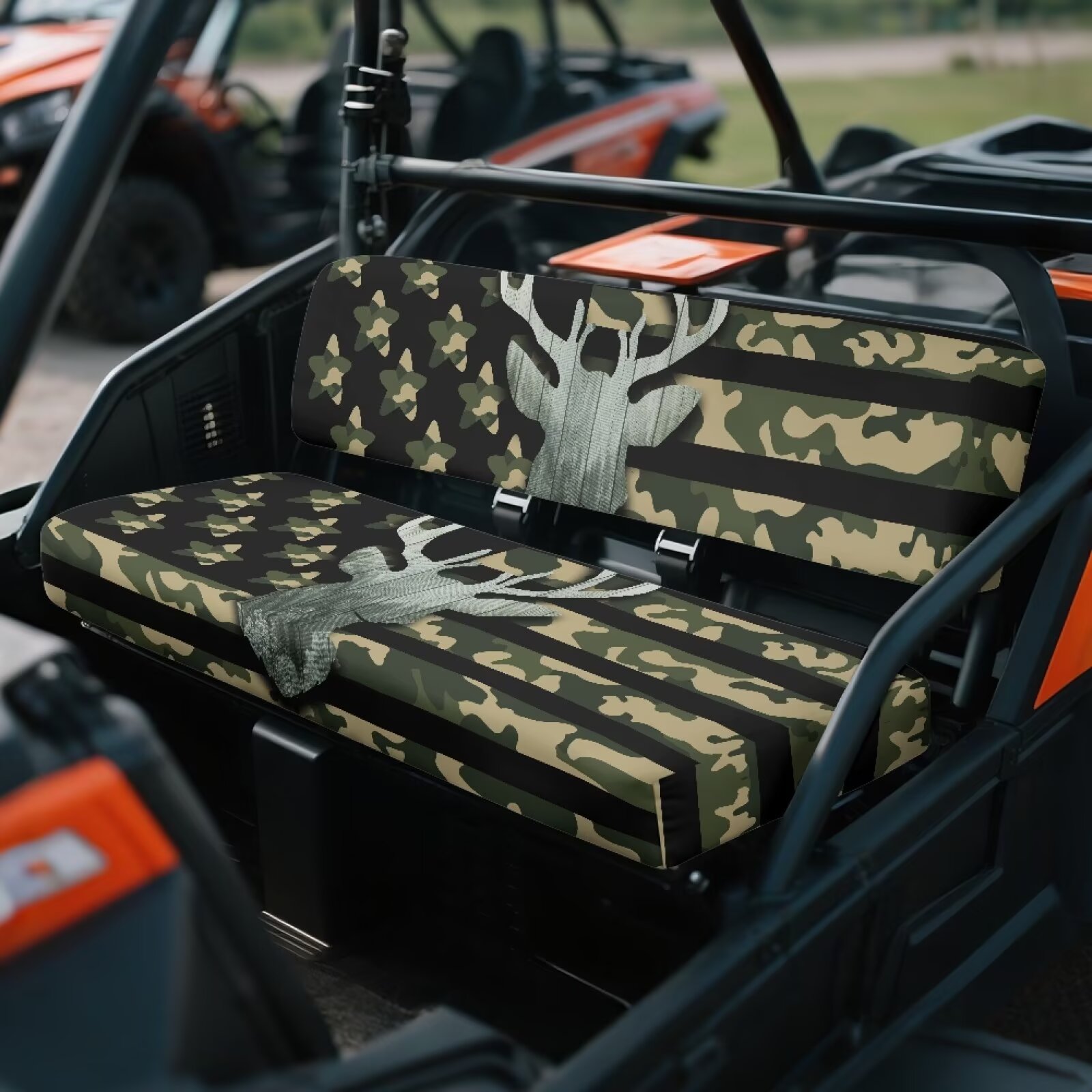 Binienty UTV Dog Seat Covers Compatible With Kawasaki Mule 300 3010 3020 4000 4010 Comfortable Heavy Duty American Flag Elk Camo UTV Seat Cover Set for Kawasaki Mule Outdoor Accessories