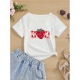 thumbnail image 1 of Girls Crew Neck Short Sleeve Casual T Shirt, Cute Alphabet & Strawberry Print, Polyester, Slight Stretch, Regular Fit, Knit Tops, 180 g/m2, for Spring/Summer, with Gift, 1 of 6