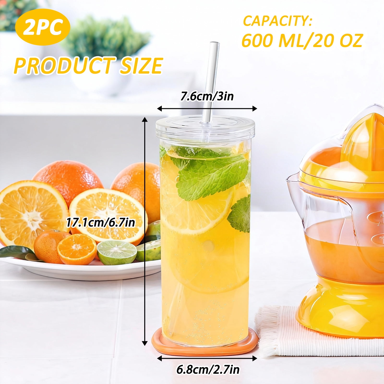 Koomade 2-Pack 20oz Clear Plastic Tumblers with Straws, Shatter-Resistant