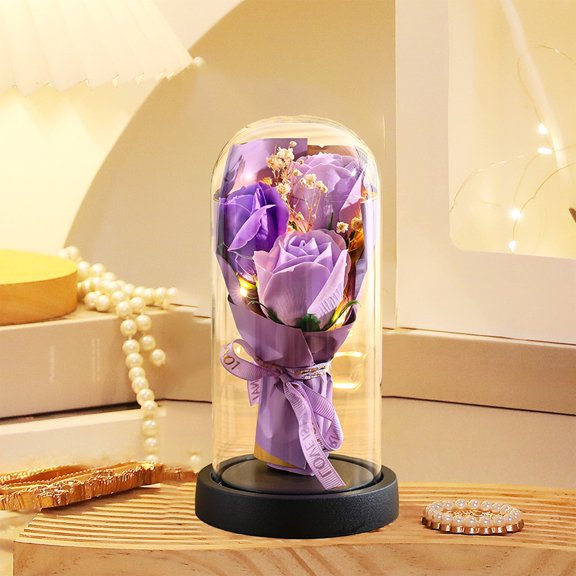 Wadada Preserved Flowers Gifts for Her, Preserved Rose Bouquet in Glass Dome, Light Up Rose Gifts Perfect for Mom Girlfriend Wife, Perfect for Birthday Anniversary Valentine's Day (Purple Rose)