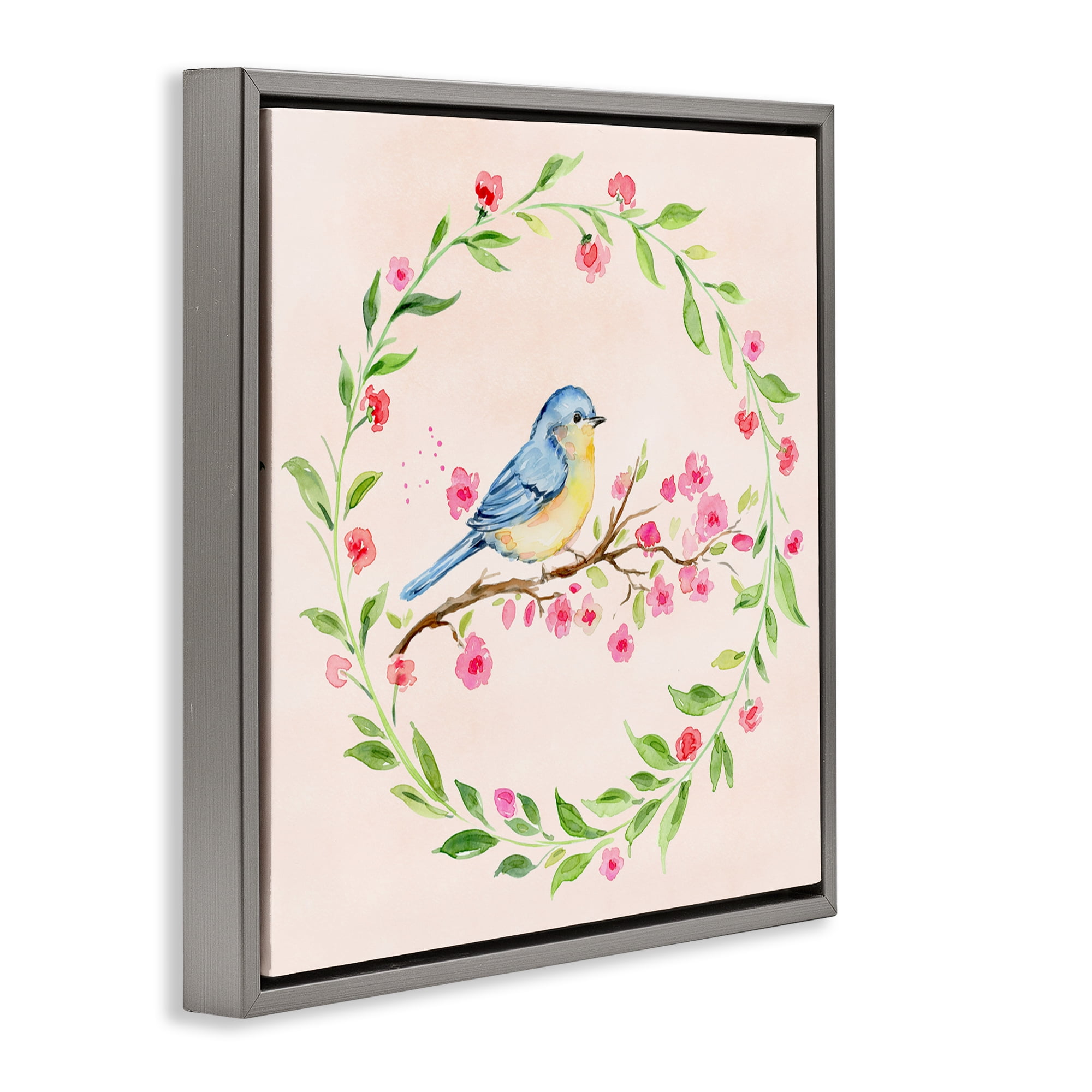 Spring Bird Wreath Perch Gray Framed Floater Canvas Wall Art, design by Elena Fay
