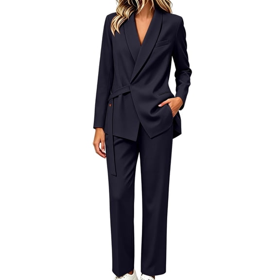 MaFYtyTPR Women's 2 Piece Blazer Suit Set Long Sleeve Belted Jacket and Straight Leg Pants Regular Fit Professional Work Outfit for Office Business Daily Wear A-Black L