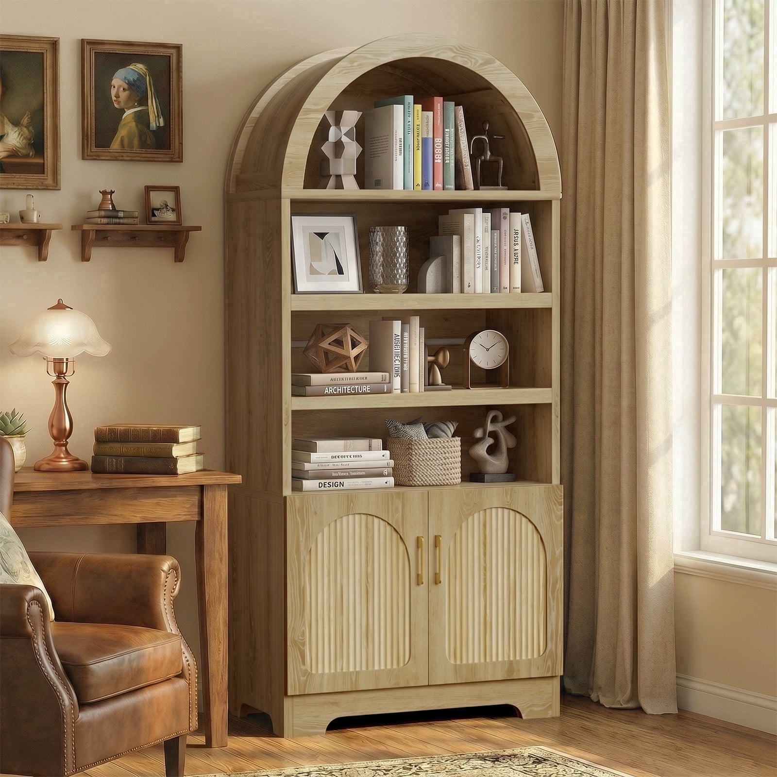 Bestier 4-Tier Arched Bookshelves with 3 Adjustable Shelves & 2 Doors, 71" Tall Kitchen Pantry Storage Cabinet, Display Shelf with Storage for Living Room Home Office, Oak