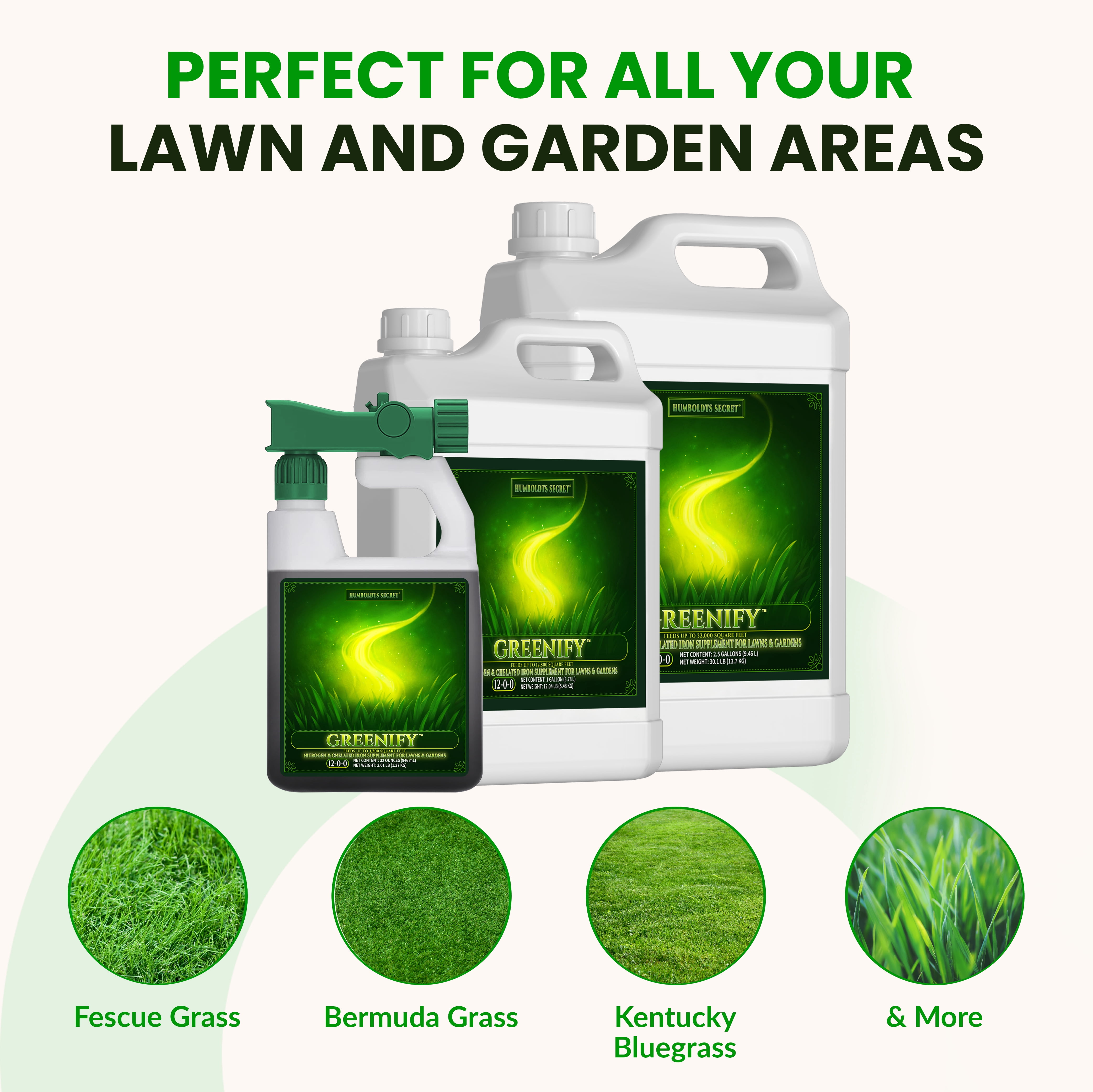 Humboldts Secret Greenify | 12-0-0 Nitrogen & 6% Iron Liquid Lawn Fertilizer Concentrate | Chelated Iron Supplement for Healthy Grass, Turf, and Garden Growth | 32 Ounce Refill for Healthy Growth