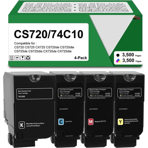 Compatible Toner Cartridge Replacement for Lexmark CS720 CS725 CX725 Toner 74C10K0 74C10C0 74C10Y0 74C10M0 for Lexmark CS720de CS720dte CS725de CS725dte CX725de CX725dte (BCMY,4 Pack)