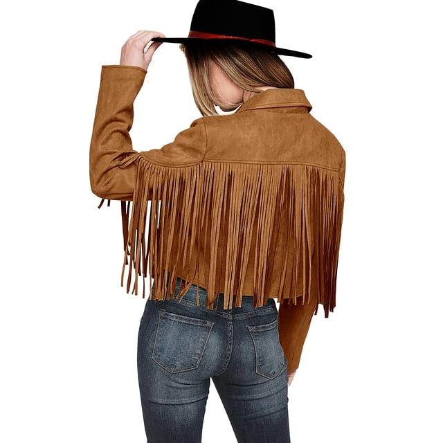 Chaqueta PRETTYGARDEN de gamuza sintética marrón medio con flecos