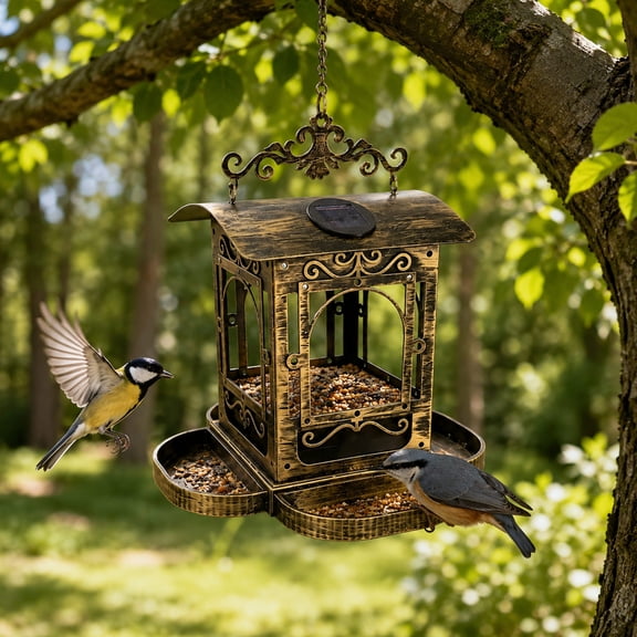YSBDLQE Vintage Hopper Bird Feeder Stand Metal – Rustic Garden Decor with Open Tray and Perch, Squirrel Proof Bird Feeders and Bird Bath for Outside