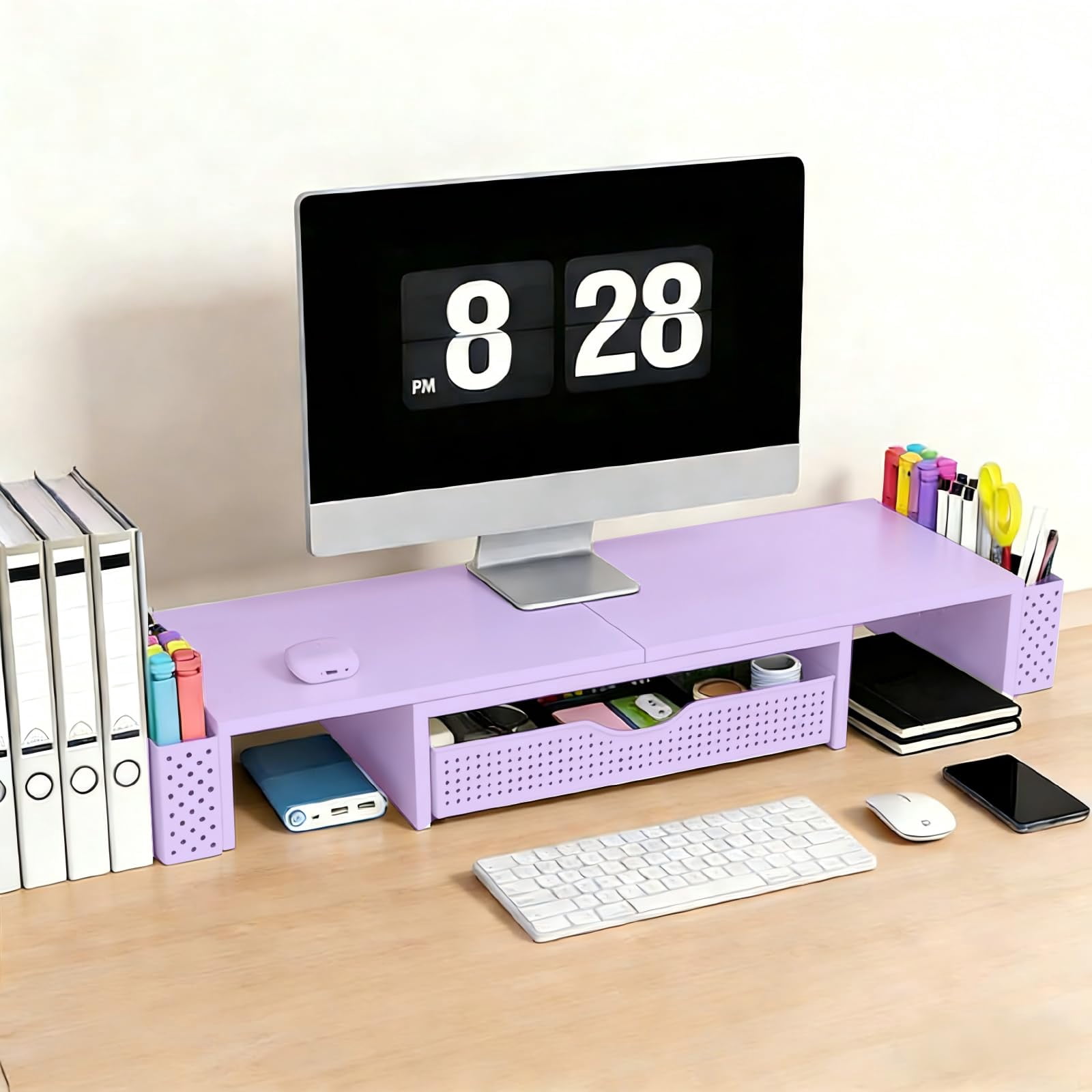 Metal Desk Organizers And Accessories  Dual Monitor Stand Riser With Drawer 2 Pen Holders & Workspace Desktop For Office Supplies (purple)
