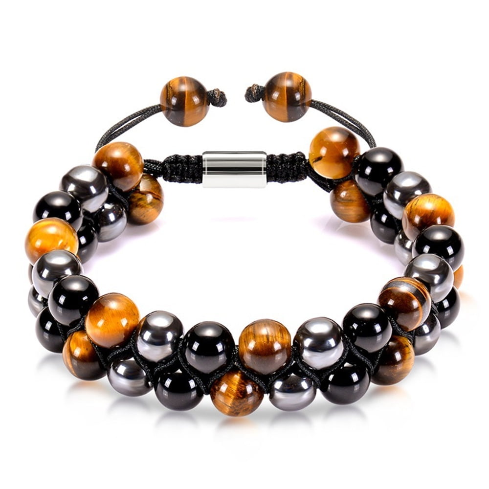 Triple Protection Bracelet for Men Women, Genuine Premium Tiger Eye Black Onyx and Lava Rock 8mm Handmade Bead Bracelet Healing Crystal Protection