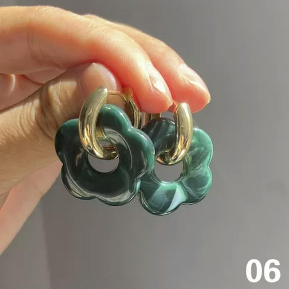 K-KED Women Earring Gold Circle Flower Ear Stud Dangle Hoop Drop Resin Earring Jewelry-Dark Green