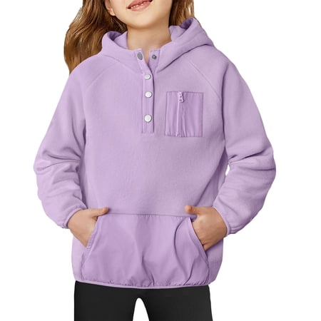 HUANBAI Cute Hoodies For Girls Color Block Hooded Sweatshirt Teen Girl Winter Warm Button Down Pullover Jackets Casual Sweatshirt Tops 5-6 Years