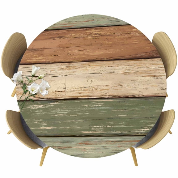 Round Table Cover 55-60 Inch Farmhouse Sage Green Brown Waterproof Reusable Table Cloth Round Fitted Vinyl Tablecloth with Elastic Edged for Parties Outdoors, Vintage Wooden Striped