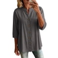thumbnail image 2 of HongQid Womens Linen Blend Button Down Tunic Ladies Mandarin Neck Pleated Bust 3/4 Sleeve Blouse Casual Shirts, 2 of 7