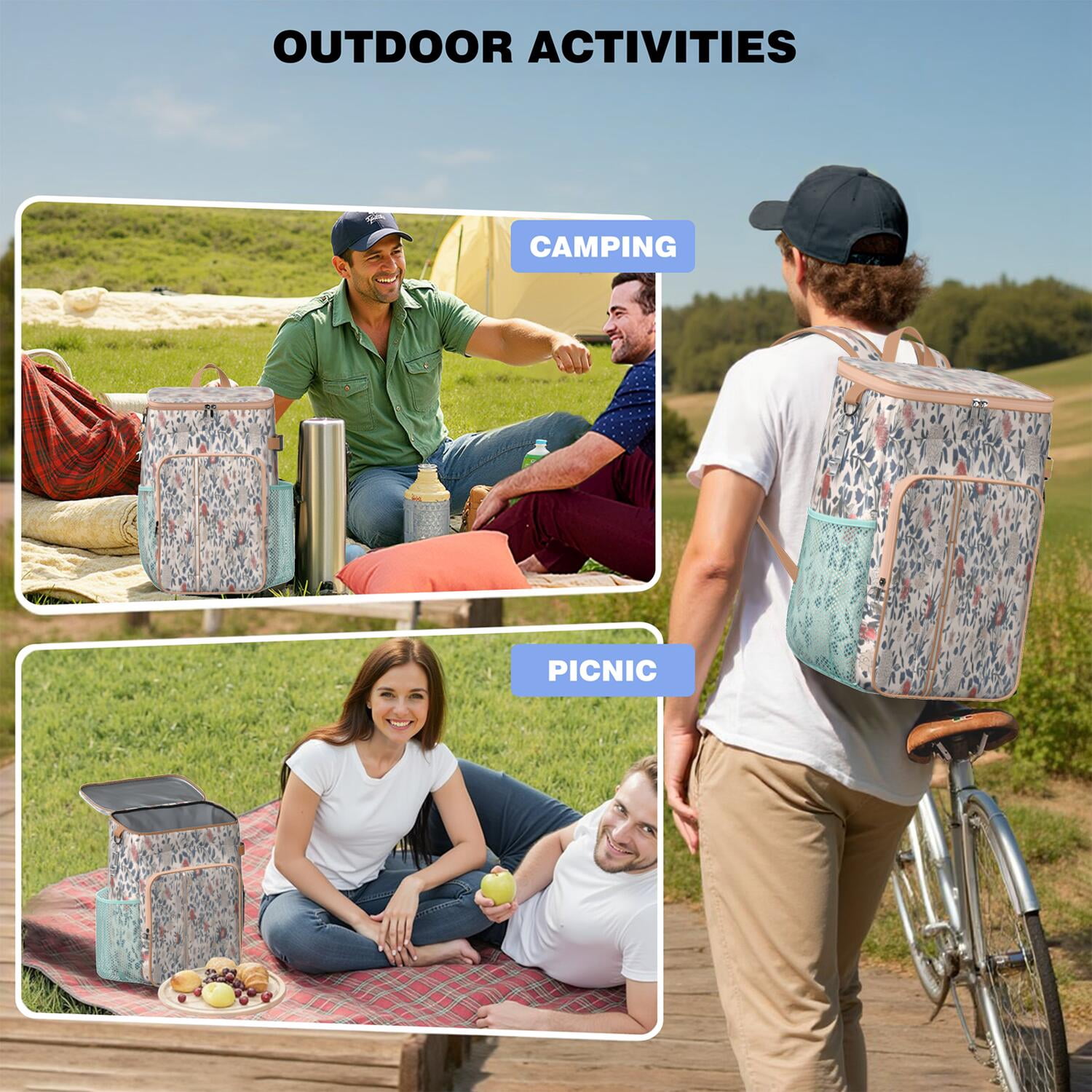 Travel Cooler Bag - Pioneer Flower Floral Print Pattern Camping Beer Cooler Backpack with Bottle Opener- Waterproof Insulated Picnic Backpacks - Cooler Bag for Beach