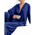 thumbnail image 3 of Women'S Notched Collar Long Sleeve Top & Wide Leg Pants Loungewear Set Blue L, 3 of 7