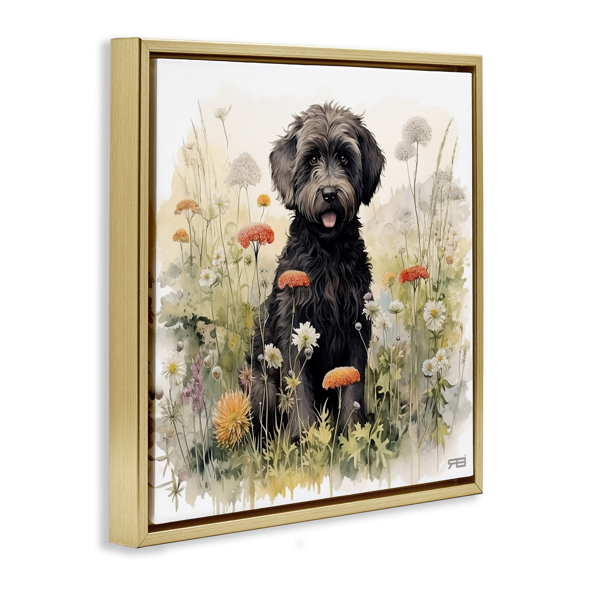 Stupell Industries Black Terrier in Meadow Animals & Insects Painting Gold Floater Framed Canvas Art Print Wall Art, 18 x 18