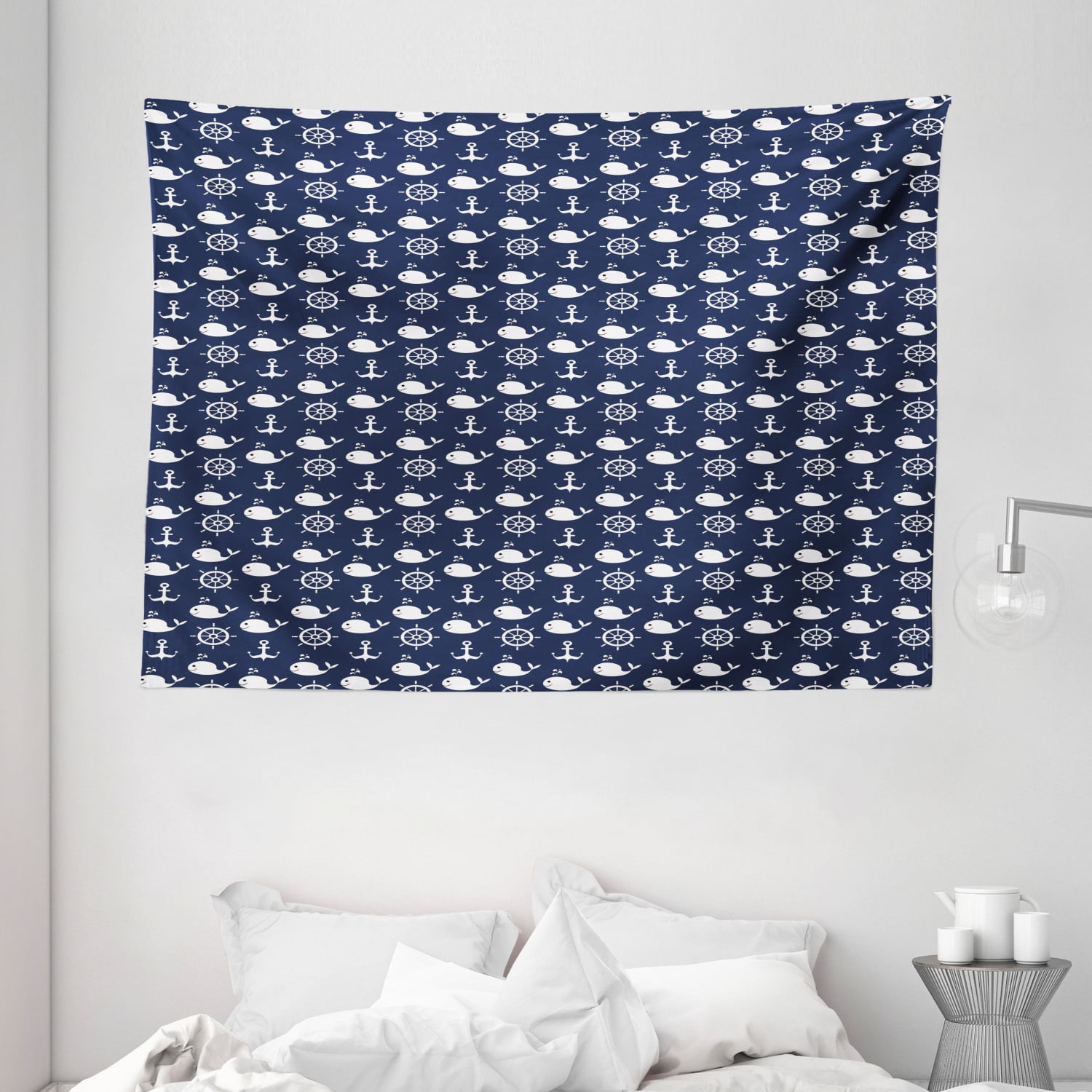 Navy Blue Tapestry, Maritime Pattern with Whales Helms Anchors Nautical