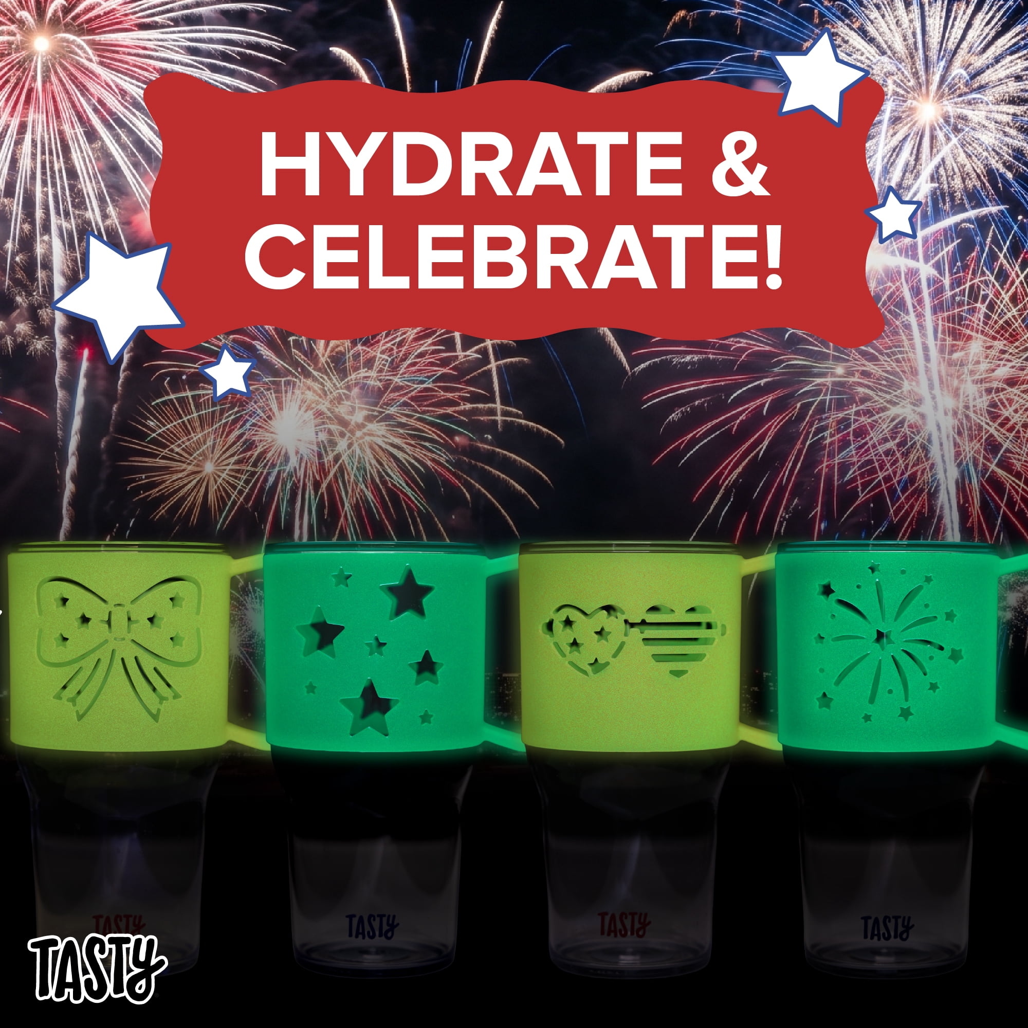 Tasty 40 oz Plastic Tumbler with Lid and Straw, Glow-in-the-Dark Handle, Stars Design, Royal Blue