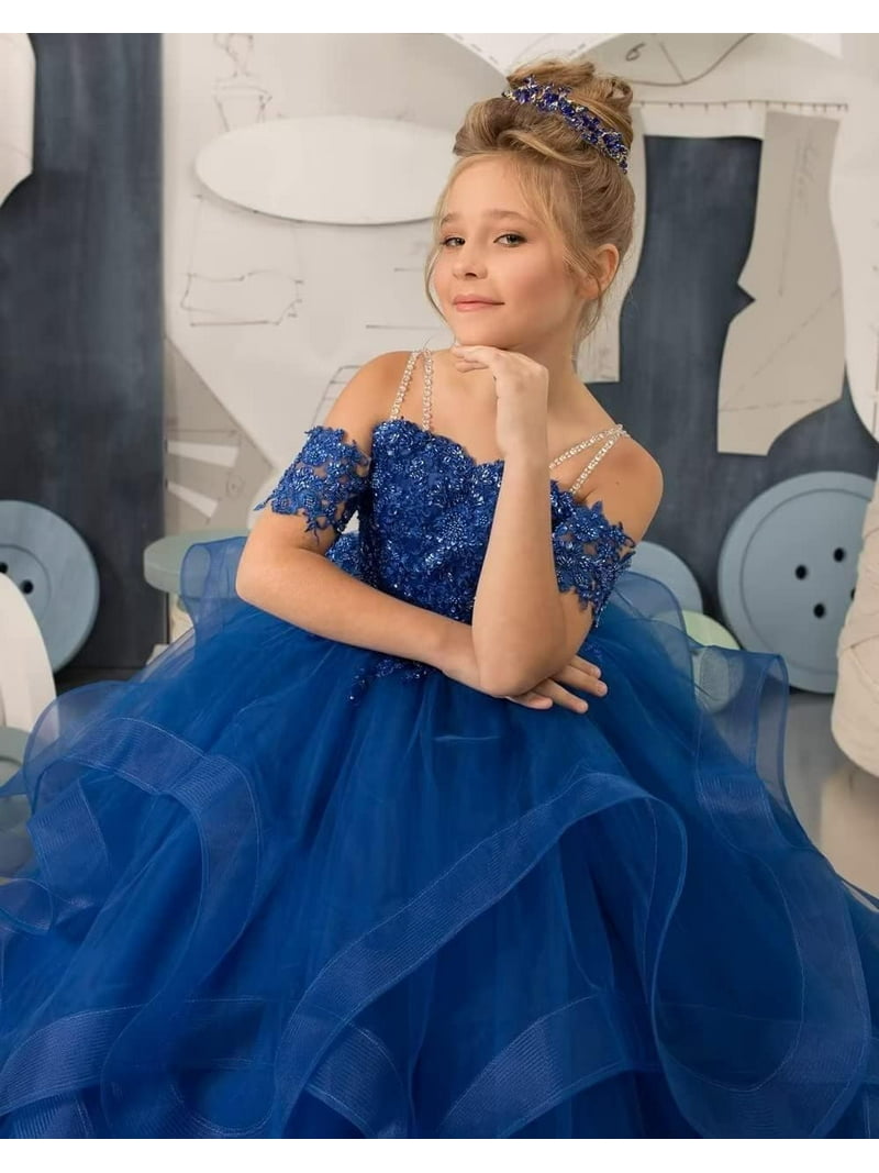 Long Dresses Lace Applique Pageant Dresses for Girls Poofy Flower Girl Dress for Wedding Toddler Ball Gown