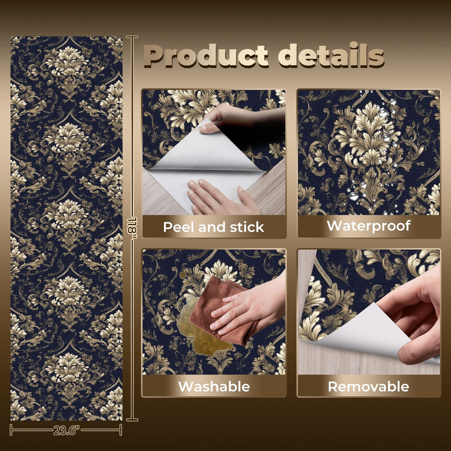 Baroque Peel and Stick Wallpaper Symmetrical Dark Damask Antique Gold Baroque Florals Wall Mural 23.6in x 9.8ft Self Adhesive Removable Wall Paper Renter Friendly Wallpaper for Bedroom Livingroom Men