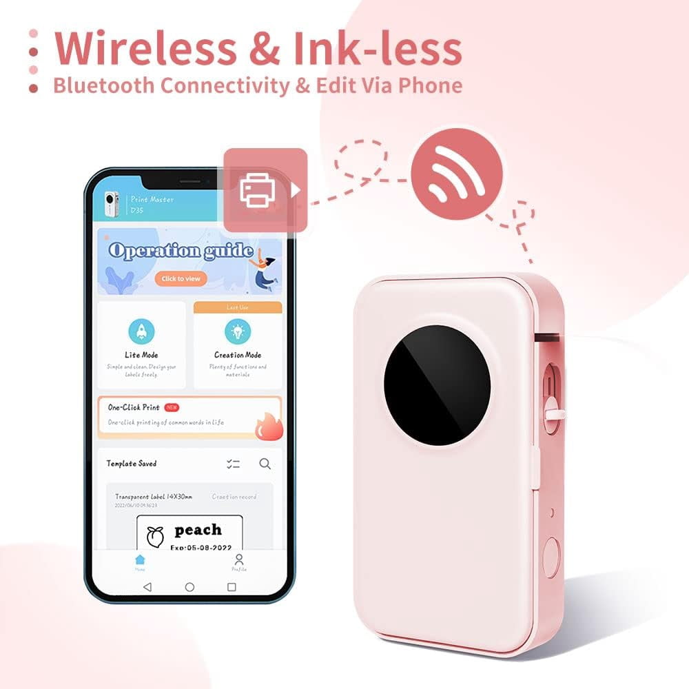Phomemo D35 Simplify Labeling with the Portable Bluetooth Mini Label Maker - Wireless Mini Labels Maker for Home and Office Organization - Multiple Templates and Easy Smartphone Integration（Pink）