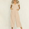 thumbnail image 2 of fartey Cotton Linen Jumpsuits for Women Solid Color Button up Pockets Relaxed Romper V Neck Short Sleeve Summer Lounge Onesies, 2 of 4