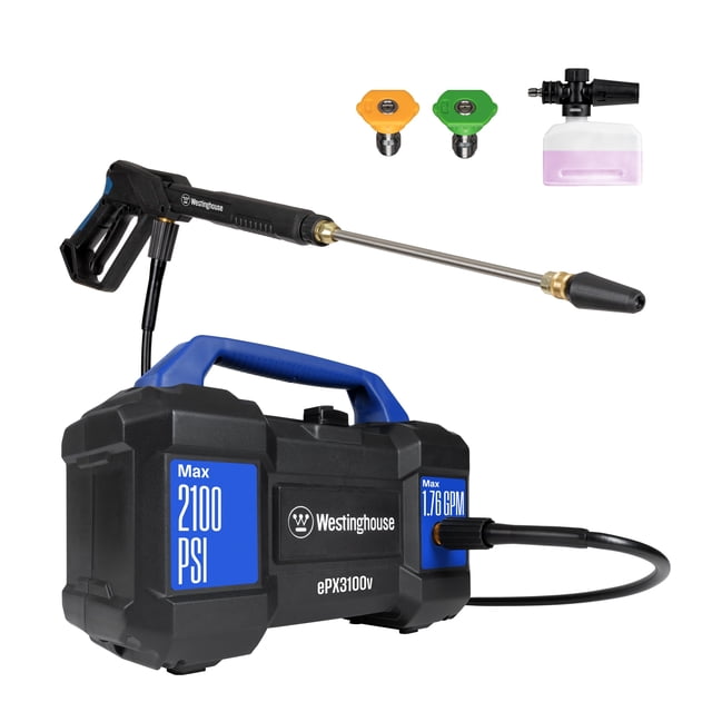 Hidrolavadora eléctrica Westinghouse ePX3100v, 2100 PSI máx., 1,76 GPM máx., asa de transporte integrada, cañón de espuma desmontable, varilla de acero profesional, juego de 3 boquillas, para coches,